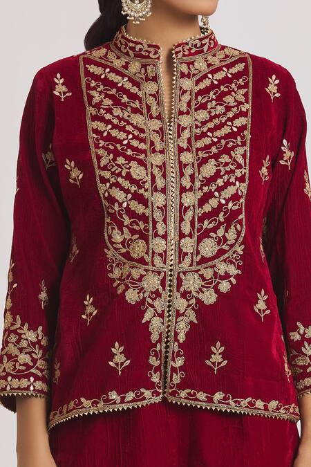 Shop_Rahul Singh_Red Velvet Embroidery Bandeau Neck Short Kurta And Pyjama Set _Online_at_Aza_Fashions