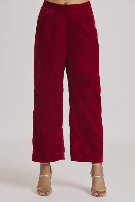 Rahul Singh_Red Velvet Embroidery Bandeau Neck Short Kurta And Pyjama Set _at_Aza_Fashions