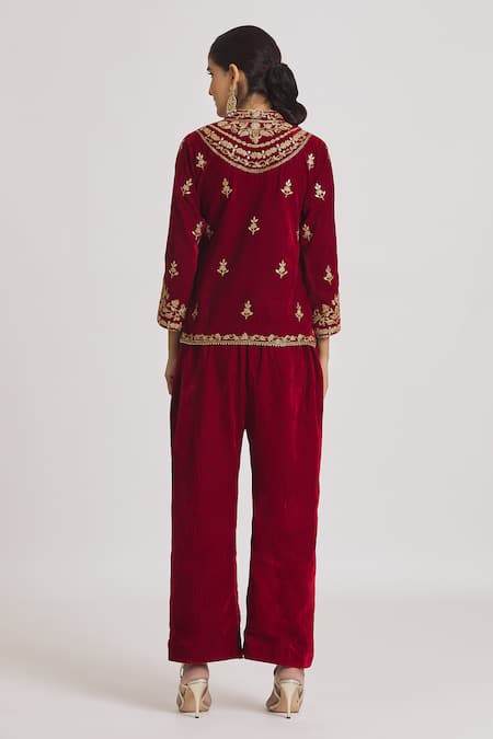 Rahul Singh_Red Velvet Embroidery Bandeau Neck Short Kurta And Pyjama Set _Online_at_Aza_Fashions