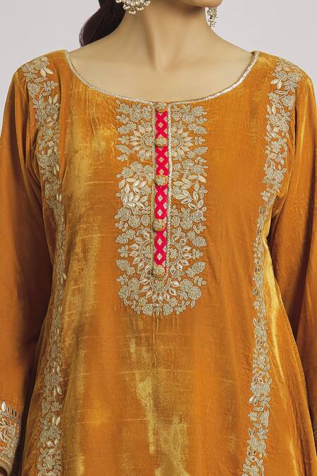 Shop Rahul Singh Yellow Velvet Embroidery Round Neck Floral Kurta And Pyjama Set Online at Aza Fashions Shop_Rahul Singh_Yellow Velvet Embroidery Round Neck Floral Kurta And Pyjama Set _Online_at_Aza_Fashions