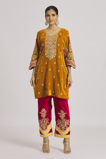 Buy Rahul Singh Yellow Velvet Embroidery V-neck Kurta And Contrast Pyjama Set Online at Aza Fashions Buy_Rahul Singh_Yellow Velvet Embroidery V-neck Kurta And Contrast Pyjama Set _Online_at_Aza_Fashions