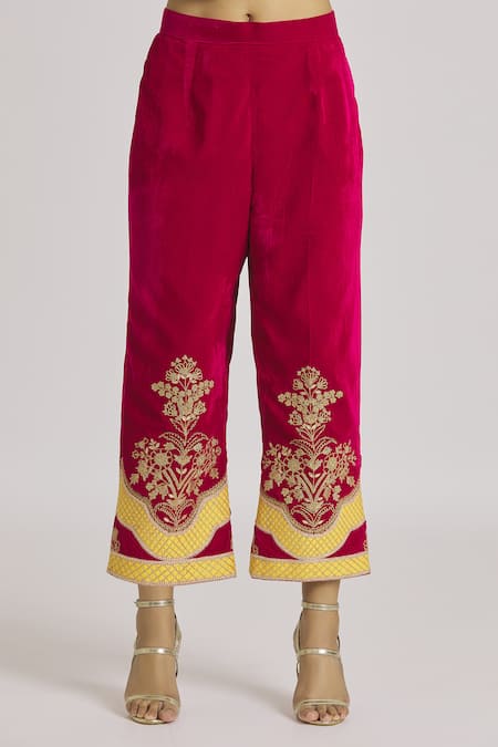 Rahul Singh Yellow Velvet Embroidery V-neck Kurta And Contrast Pyjama Set at Aza Fashions Rahul Singh_Yellow Velvet Embroidery V-neck Kurta And Contrast Pyjama Set _at_Aza_Fashions