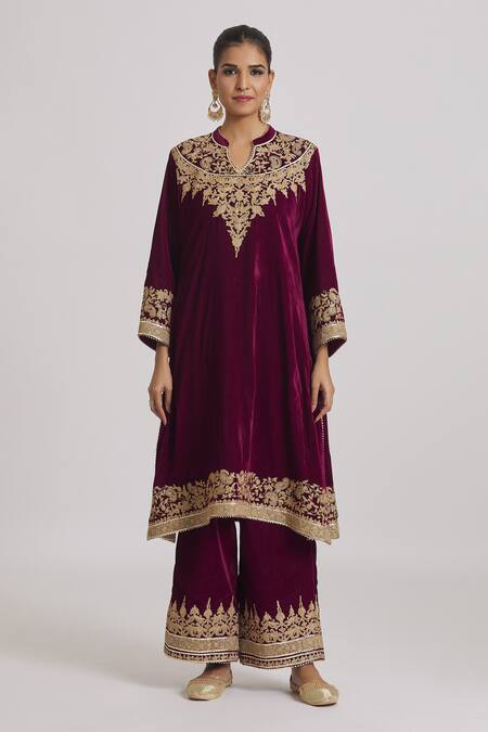 Buy Rahul Singh Wine Velvet Embroidery Collared A-line Kurta And Pyjama Set Online at Aza Fashions Buy_Rahul Singh_Wine Velvet Embroidery Collared A-line Kurta And Pyjama Set _Online_at_Aza_Fashions