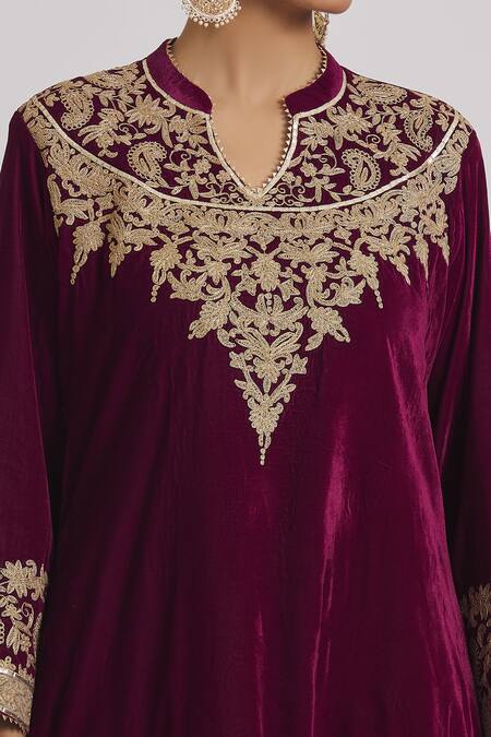 Shop Rahul Singh Wine Velvet Embroidery Collared A-line Kurta And Pyjama Set Online at Aza Fashions Shop_Rahul Singh_Wine Velvet Embroidery Collared A-line Kurta And Pyjama Set _Online_at_Aza_Fashions