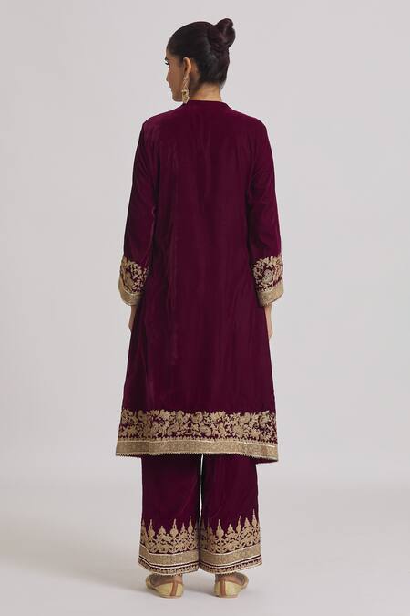 Rahul Singh Wine Velvet Embroidery Collared A-line Kurta And Pyjama Set Online at Aza Fashions Rahul Singh_Wine Velvet Embroidery Collared A-line Kurta And Pyjama Set _Online_at_Aza_Fashions