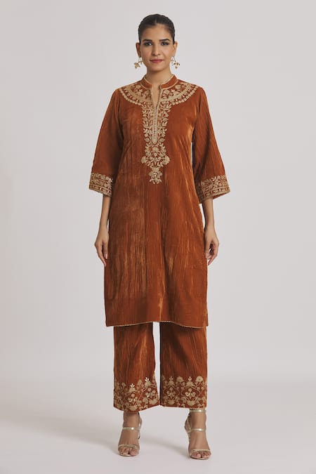 Buy Rahul Singh Brown Velvet Embroidery Collared Yoke Kurta And Pyjama Set Online at Aza Fashions Buy_Rahul Singh_Brown Velvet Embroidery Collared Yoke Kurta And Pyjama Set _Online_at_Aza_Fashions