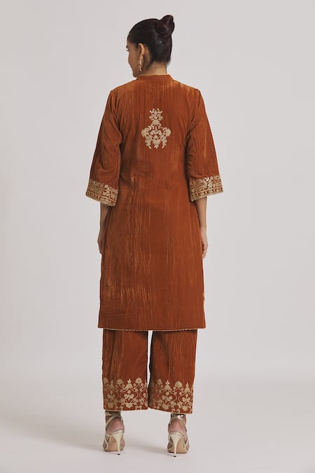 Rahul Singh Brown Velvet Embroidery Collared Yoke Kurta And Pyjama Set Online at Aza Fashions Rahul Singh_Brown Velvet Embroidery Collared Yoke Kurta And Pyjama Set _Online_at_Aza_Fashions