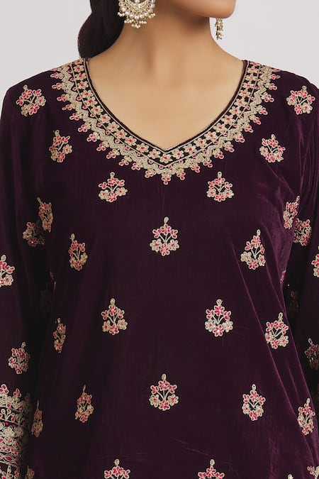 Shop_Rahul Singh_Wine Velvet Embroidery V-neck Kurta And Pyjama Set _Online_at_Aza_Fashions