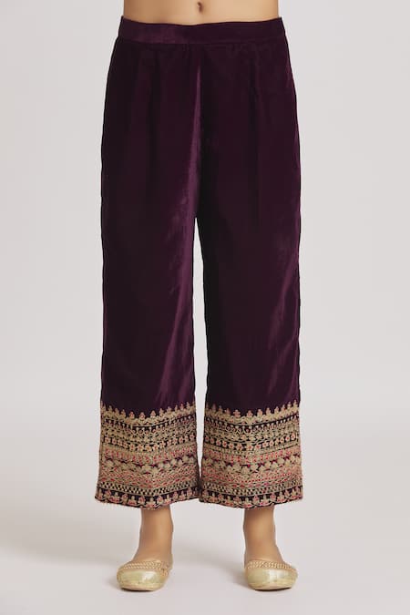 Rahul Singh_Wine Velvet Embroidery V-neck Kurta And Pyjama Set _at_Aza_Fashions