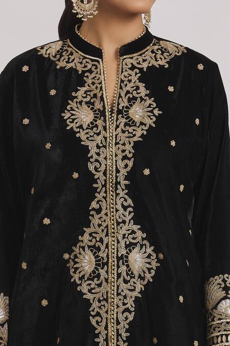 Shop_Rahul Singh_Black Velvet Embroidery Mandarin Collar Kurta And Pyjama Set _Online_at_Aza_Fashions