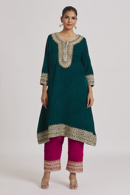 Buy Rahul Singh Blue Velvet Gota Patti, Embroidery Round Neck A-line Kurta And Pyjama Set Online at Aza Fashions Buy_Rahul Singh_Blue Velvet Gota Patti, Embroidery Round Neck A-line Kurta And Pyjama Set _Online_at_Aza_Fashions