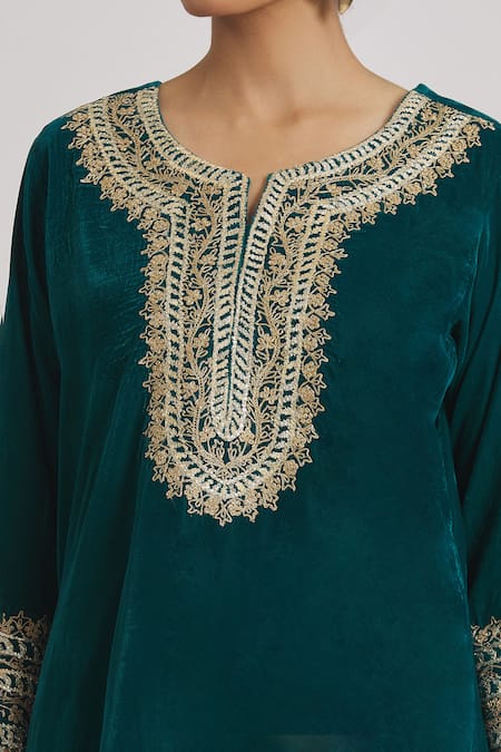 Shop Rahul Singh Blue Velvet Gota Patti, Embroidery Round Neck A-line Kurta And Pyjama Set Online at Aza Fashions Shop_Rahul Singh_Blue Velvet Gota Patti, Embroidery Round Neck A-line Kurta And Pyjama Set _Online_at_Aza_Fashions