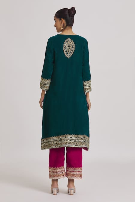 Rahul Singh Blue Velvet Gota Patti, Embroidery Round Neck A-line Kurta And Pyjama Set Online at Aza Fashions Rahul Singh_Blue Velvet Gota Patti, Embroidery Round Neck A-line Kurta And Pyjama Set _Online_at_Aza_Fashions
