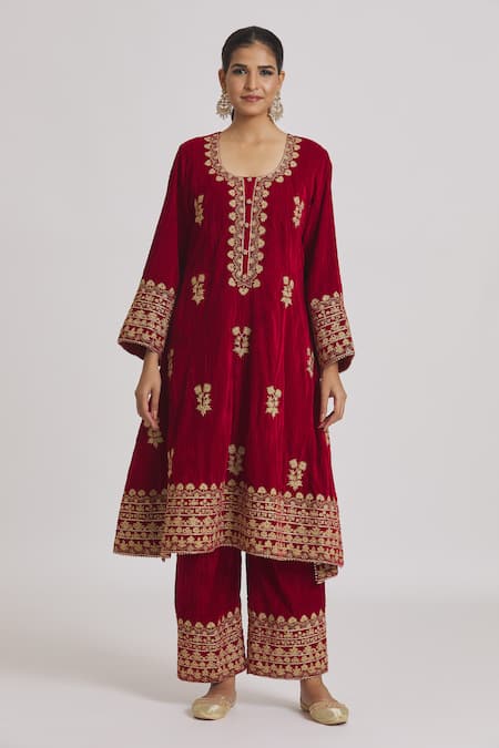 Buy Rahul Singh Red Velvet Gota Patti, Embroidery Round Neck Anarkali And Pyjama Set Online at Aza Fashions Buy_Rahul Singh_Red Velvet Gota Patti, Embroidery Round Neck Anarkali And Pyjama Set _Online_at_Aza_Fashions
