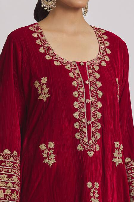 Shop Rahul Singh Red Velvet Gota Patti, Embroidery Round Neck Anarkali And Pyjama Set Online at Aza Fashions Shop_Rahul Singh_Red Velvet Gota Patti, Embroidery Round Neck Anarkali And Pyjama Set _Online_at_Aza_Fashions