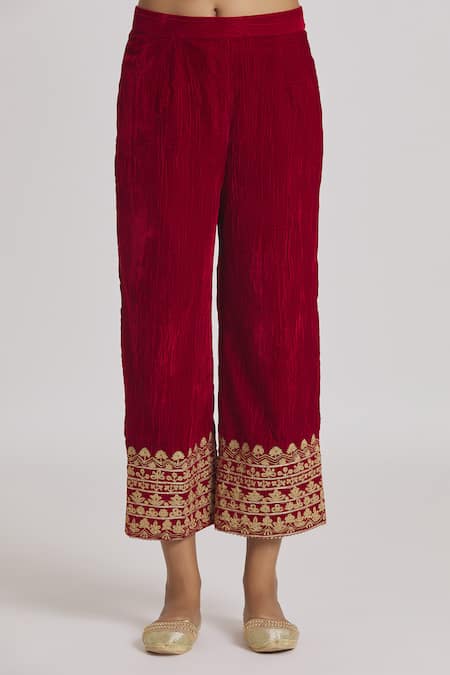 Rahul Singh Red Velvet Gota Patti, Embroidery Round Neck Anarkali And Pyjama Set at Aza Fashions Rahul Singh_Red Velvet Gota Patti, Embroidery Round Neck Anarkali And Pyjama Set _at_Aza_Fashions