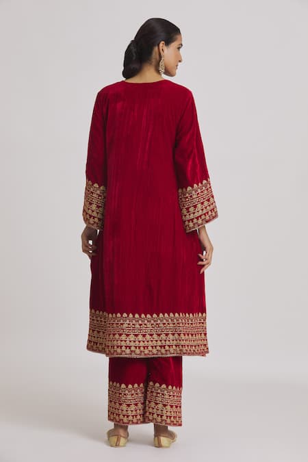 Rahul Singh Red Velvet Gota Patti, Embroidery Round Neck Anarkali And Pyjama Set Online at Aza Fashions Rahul Singh_Red Velvet Gota Patti, Embroidery Round Neck Anarkali And Pyjama Set _Online_at_Aza_Fashions