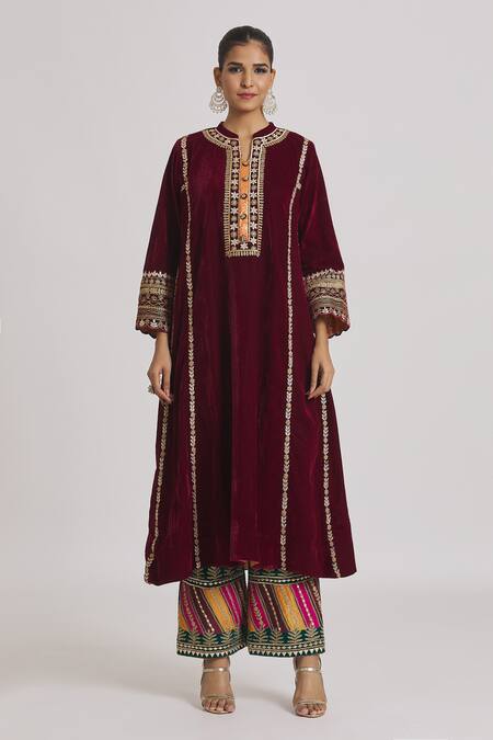 Buy Rahul Singh Maroon Velvet Gota Patti, Cut Work, Embroidery A-line Kurta And Pyjama Set Online at Aza Fashions Buy_Rahul Singh_Maroon Velvet Gota Patti, Cut Work, Embroidery A-line Kurta And Pyjama Set _Online_at_Aza_Fashions