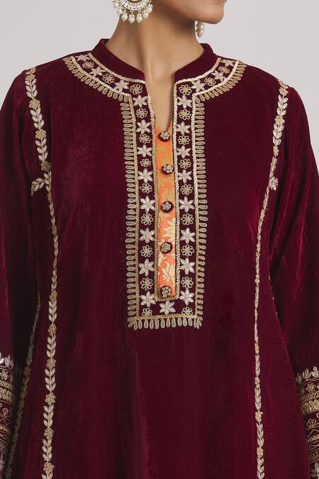 Shop Rahul Singh Maroon Velvet Gota Patti, Cut Work, Embroidery A-line Kurta And Pyjama Set Online at Aza Fashions Shop_Rahul Singh_Maroon Velvet Gota Patti, Cut Work, Embroidery A-line Kurta And Pyjama Set _Online_at_Aza_Fashions
