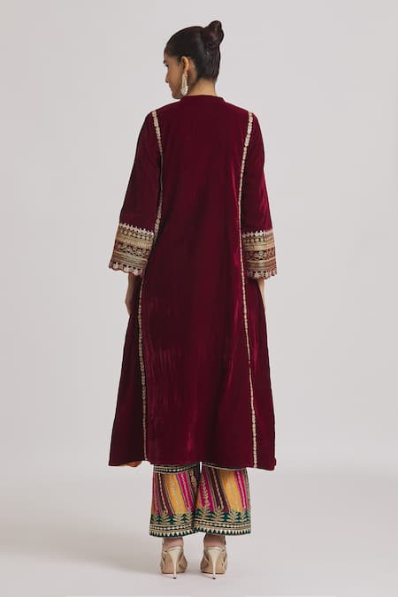 Rahul Singh Maroon Velvet Gota Patti, Cut Work, Embroidery A-line Kurta And Pyjama Set Online at Aza Fashions Rahul Singh_Maroon Velvet Gota Patti, Cut Work, Embroidery A-line Kurta And Pyjama Set _Online_at_Aza_Fashions