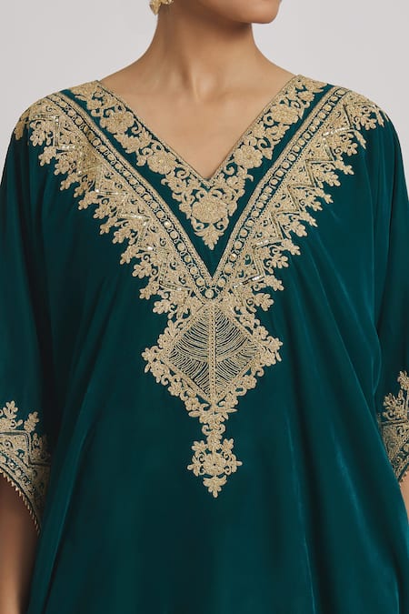 Shop_Rahul Singh_Blue Velvet Gota Patti, Embroidery, Zari V-neck Asymmetric Kurta And Pyjama Set _Online_at_Aza_Fashions