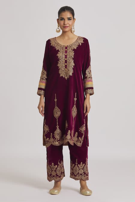 Buy Rahul Singh Maroon Velvet Embroidery Round Neck Zari Kurta And Pyjama Set Online at Aza Fashions Buy_Rahul Singh_Maroon Velvet Embroidery Round Neck Zari Kurta And Pyjama Set _Online_at_Aza_Fashions