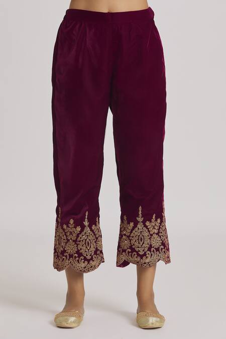 Buy Rahul Singh Maroon Velvet Embroidery Round Neck Zari Kurta And Pyjama Set Buy_Rahul Singh_Maroon Velvet Embroidery Round Neck Zari Kurta And Pyjama Set