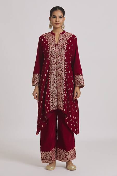 Buy Rahul Singh Red Velvet Zari, Beads, Embroidery Mandarin Collar Kurta And Pyjama Set Online at Aza Fashions Buy_Rahul Singh_Red Velvet Zari, Beads, Embroidery Mandarin Collar Kurta And Pyjama Set _Online_at_Aza_Fashions