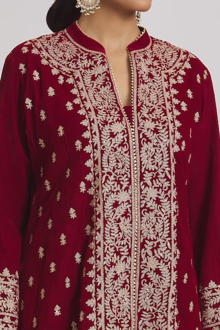 Shop Rahul Singh Red Velvet Zari, Beads, Embroidery Mandarin Collar Kurta And Pyjama Set Online at Aza Fashions Shop_Rahul Singh_Red Velvet Zari, Beads, Embroidery Mandarin Collar Kurta And Pyjama Set _Online_at_Aza_Fashions