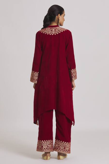 Rahul Singh Red Velvet Zari, Beads, Embroidery Mandarin Collar Kurta And Pyjama Set Online at Aza Fashions Rahul Singh_Red Velvet Zari, Beads, Embroidery Mandarin Collar Kurta And Pyjama Set _Online_at_Aza_Fashions