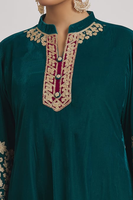 Shop Rahul Singh Blue Velvet Zari, Sequins, Embroidery Mandarin A-line Kurta And Pyjama Set Online at Aza Fashions Shop_Rahul Singh_Blue Velvet Zari, Sequins, Embroidery Mandarin A-line Kurta And Pyjama Set _Online_at_Aza_Fashions