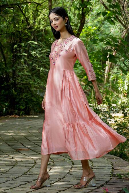 Shop_Mangalmay By Aastha_Peach Chanderi Silk Embroidery V-neck Hand Dress _at_Aza_Fashions