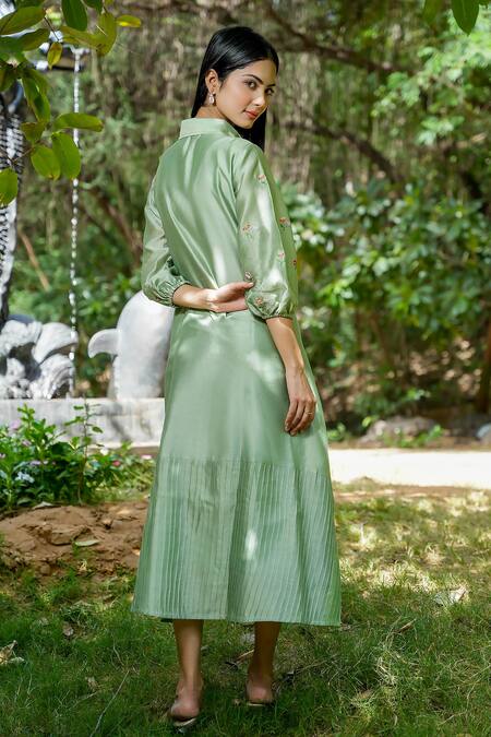 Shop_Mangalmay By Aastha_Green Chanderi Silk Embroidery Collared Shirt Dress _at_Aza_Fashions