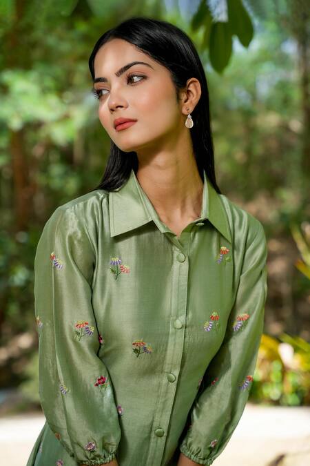 Buy_Mangalmay By Aastha_Green Chanderi Silk Embroidery Collared Shirt Dress _Online_at_Aza_Fashions