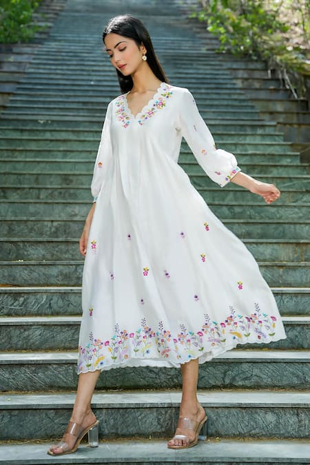 Shop Mangalmay By Aastha White Chanderi Silk Embroidery Scoop Neck Floral Dress at Aza Fashions Shop_Mangalmay By Aastha_White Chanderi Silk Embroidery Scoop Neck Floral Dress _at_Aza_Fashions