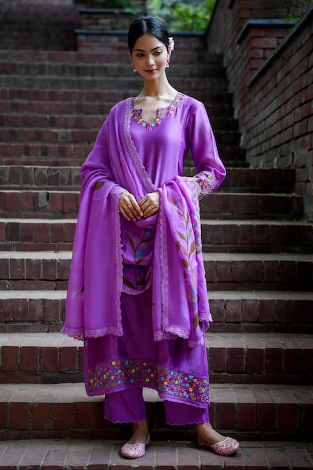 Mangalmay By Aastha Purple Chanderi Silk, Cotton, Organza Embroidery Kurta Pant Set Online at Aza Fashions Mangalmay By Aastha_Purple Chanderi Silk, Cotton, Organza Embroidery Kurta Pant Set _Online_at_Aza_Fashions