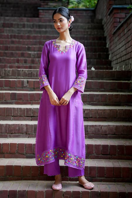 Buy Mangalmay By Aastha Purple Chanderi Silk, Cotton, Organza Embroidery Kurta Pant Set Online at Aza Fashions Buy_Mangalmay By Aastha_Purple Chanderi Silk, Cotton, Organza Embroidery Kurta Pant Set _Online_at_Aza_Fashions