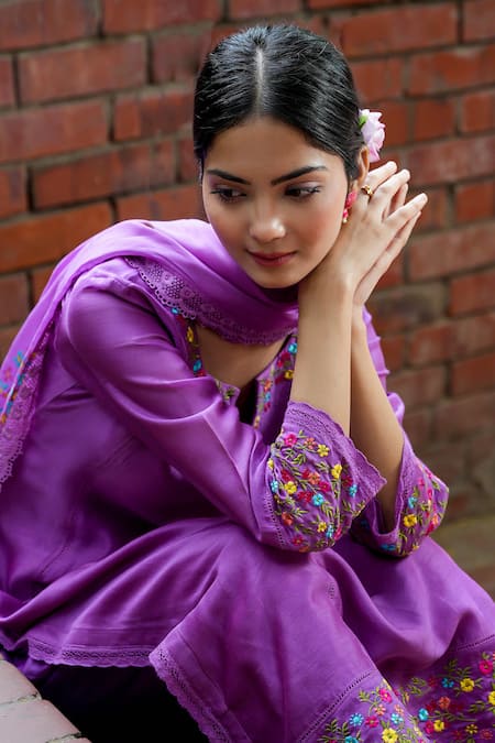 Shop Mangalmay By Aastha Purple Chanderi Silk, Cotton, Organza Embroidery Kurta Pant Set Online at Aza Fashions Shop_Mangalmay By Aastha_Purple Chanderi Silk, Cotton, Organza Embroidery Kurta Pant Set _Online_at_Aza_Fashions