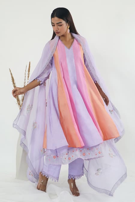 Buy Mangalmay By Aastha Multi Color Anarkali Chanderi Silk Rainbow Kulfi Layered Pant Set Online at Aza Fashions Buy_Mangalmay By Aastha_Multi Color Anarkali Chanderi Silk Rainbow Kulfi Layered Pant Set _Online_at_Aza_Fashions