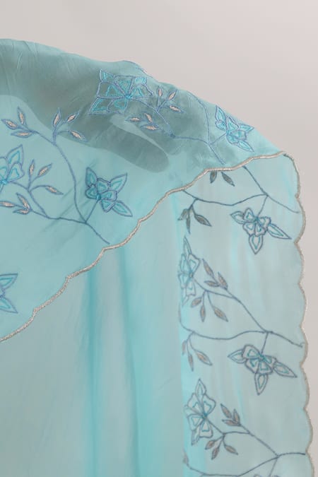 Buy_Mangalmay By Aastha_Blue Kurta Chanderi Silk Embroidered Thread Round Floral Applique Pant Set _Online_at_Aza_Fashions