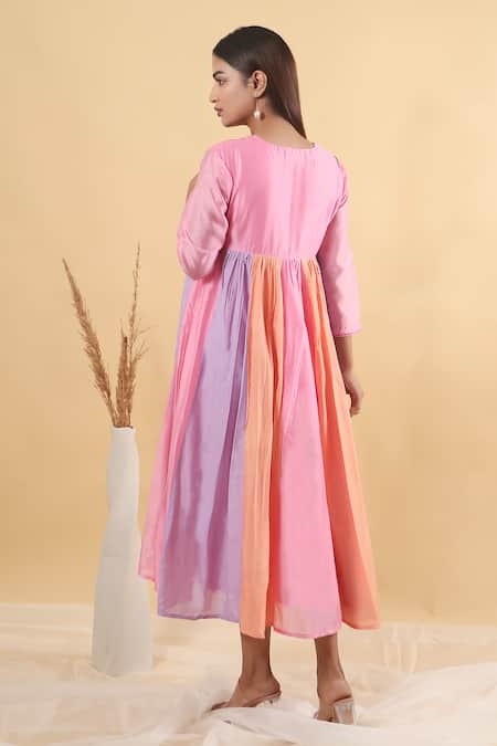 Shop Mangalmay By Aastha Multi Color Chanderi Silk Embroidery V-neck Cassata Kulfi Floral Yoke Dress at Aza Fashions Shop_Mangalmay By Aastha_Multi Color Chanderi Silk Embroidery V-neck Cassata Kulfi Floral Yoke Dress _at_Aza_Fashions