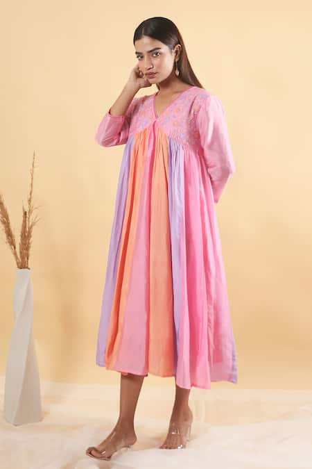 Mangalmay By Aastha Multi Color Chanderi Silk Embroidery V-neck Cassata Kulfi Floral Yoke Dress Online at Aza Fashions Mangalmay By Aastha_Multi Color Chanderi Silk Embroidery V-neck Cassata Kulfi Floral Yoke Dress _Online_at_Aza_Fashions