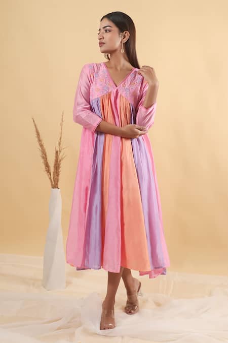 Buy Mangalmay By Aastha Multi Color Chanderi Silk Embroidery V-neck Cassata Kulfi Floral Yoke Dress Online at Aza Fashions Buy_Mangalmay By Aastha_Multi Color Chanderi Silk Embroidery V-neck Cassata Kulfi Floral Yoke Dress _Online_at_Aza_Fashions