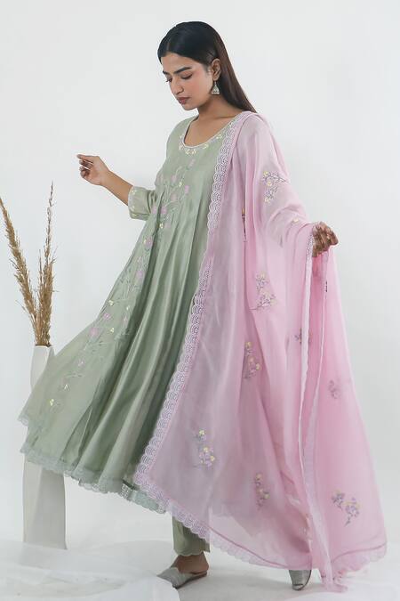 Buy Mangalmay By Aastha Green Anarkali Chanderi Silk Embroidered Thread V-neck Floral Vine Pant Set Online at Aza Fashions Buy_Mangalmay By Aastha_Green Anarkali Chanderi Silk Embroidered Thread V-neck Floral Vine Pant Set _Online_at_Aza_Fashions