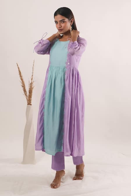 Mangalmay By Aastha_Purple Chanderi Silk Embroidered Thread Round Colour Block Anarkali With Pant _Online_at_Aza_Fashions