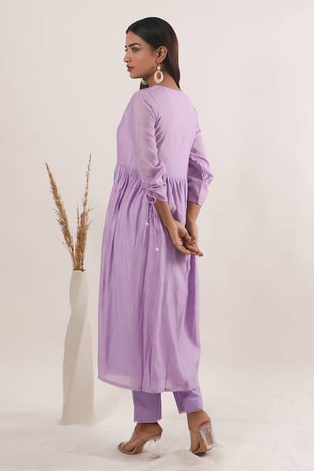 Buy_Mangalmay By Aastha_Purple Chanderi Silk Embroidered Thread Round Colour Block Anarkali With Pant _Online_at_Aza_Fashions