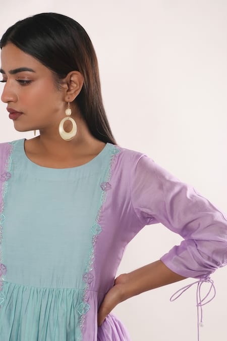 Shop_Mangalmay By Aastha_Purple Chanderi Silk Embroidered Thread Round Colour Block Anarkali With Pant _Online_at_Aza_Fashions