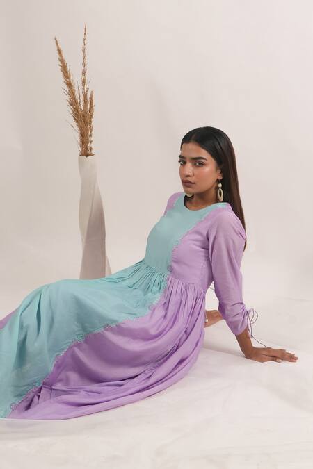 Mangalmay By Aastha_Purple Chanderi Silk Embroidered Thread Round Colour Block Anarkali With Pant _at_Aza_Fashions