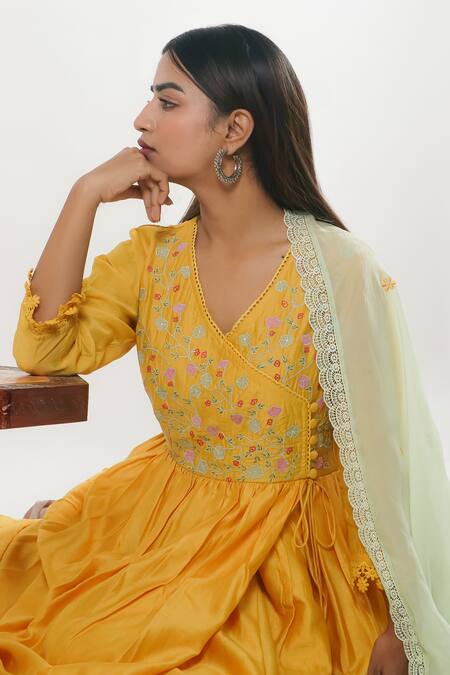 Mangalmay By Aastha_Yellow Anarkali Angrakha Chanderi Silk Floral Jaal Angarkha Pant Set _Online_at_Aza_Fashions