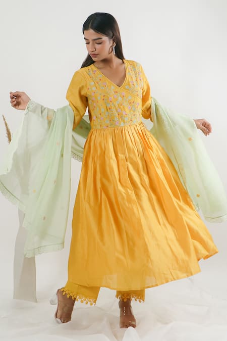 Shop_Mangalmay By Aastha_Yellow Anarkali Angrakha Chanderi Silk Floral Jaal Angarkha Pant Set _Online_at_Aza_Fashions